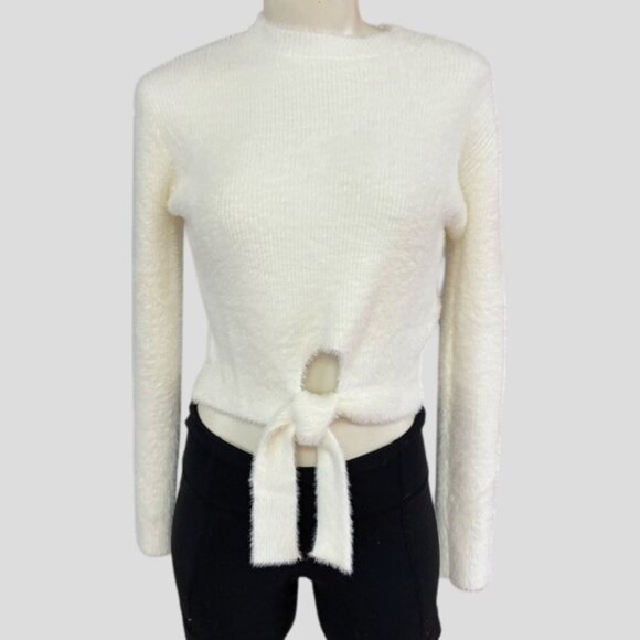 NWOT Elegant White Fuzzy Sweater With Tie Detail - Picture 1 of 11